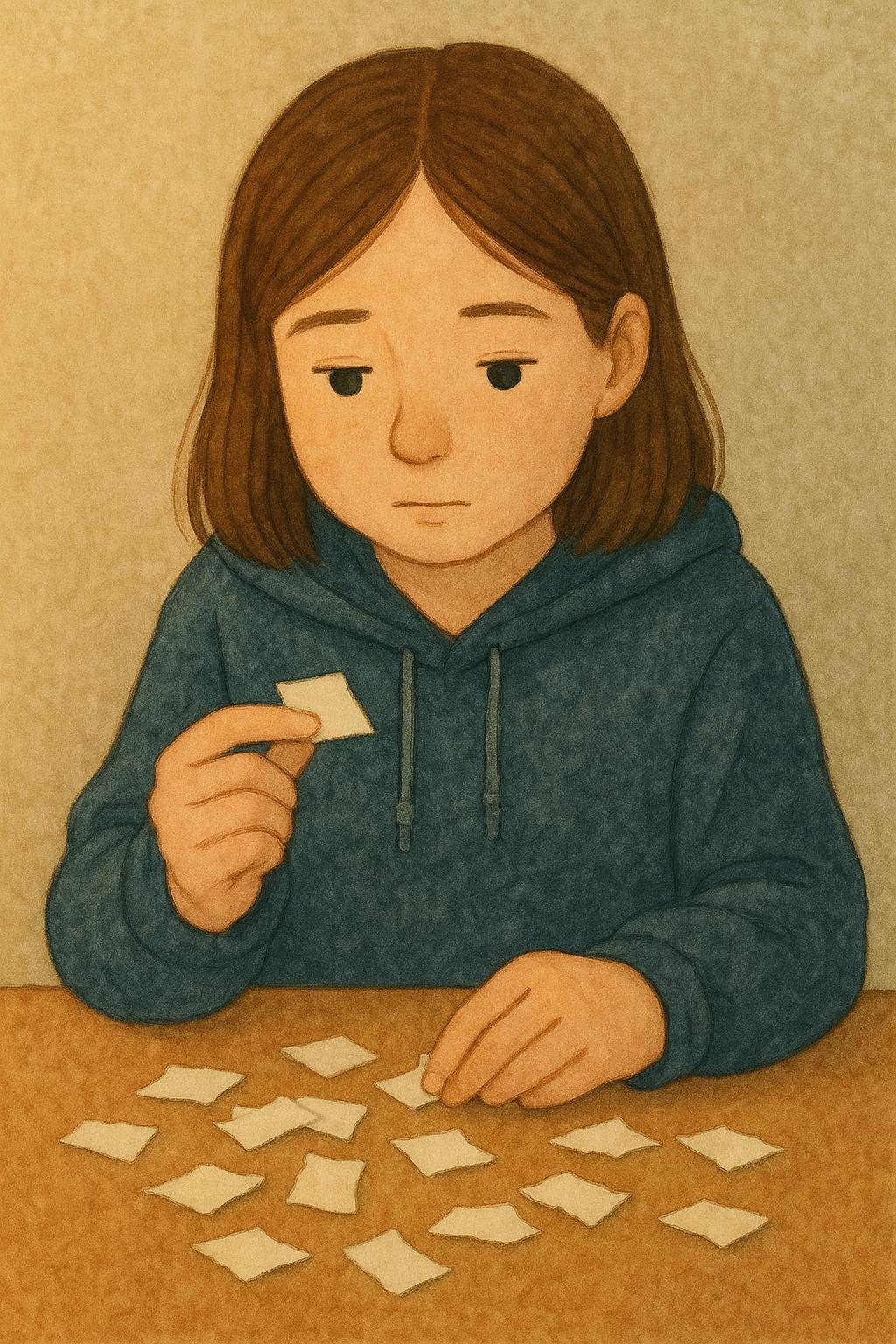 At worry-time the list has been torn into paper slips on the table and she holds one up, reading it and deciding where it belongs