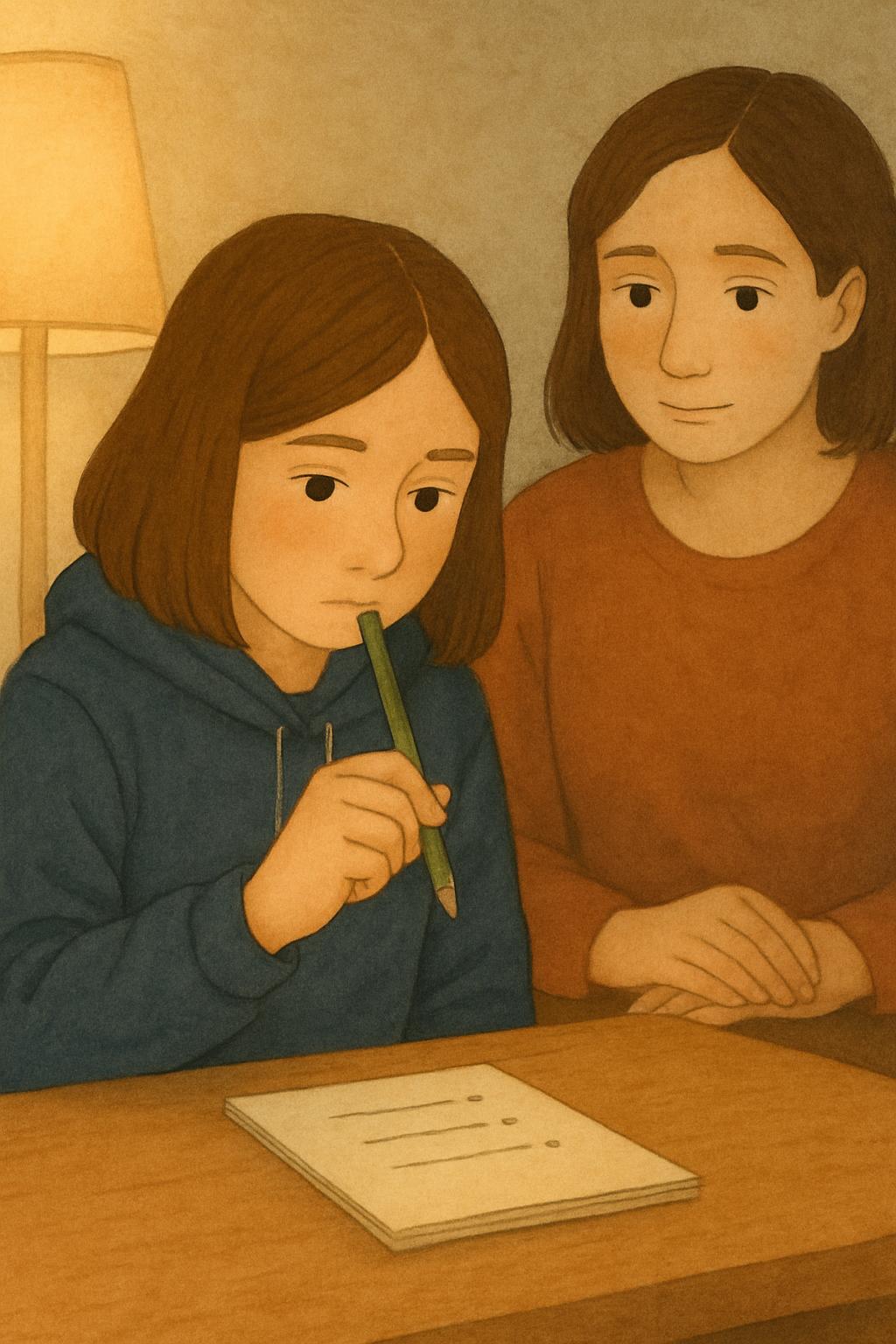 She is weighing a short written list of options on the notepad in front of her, pencil in hand, not yet decided