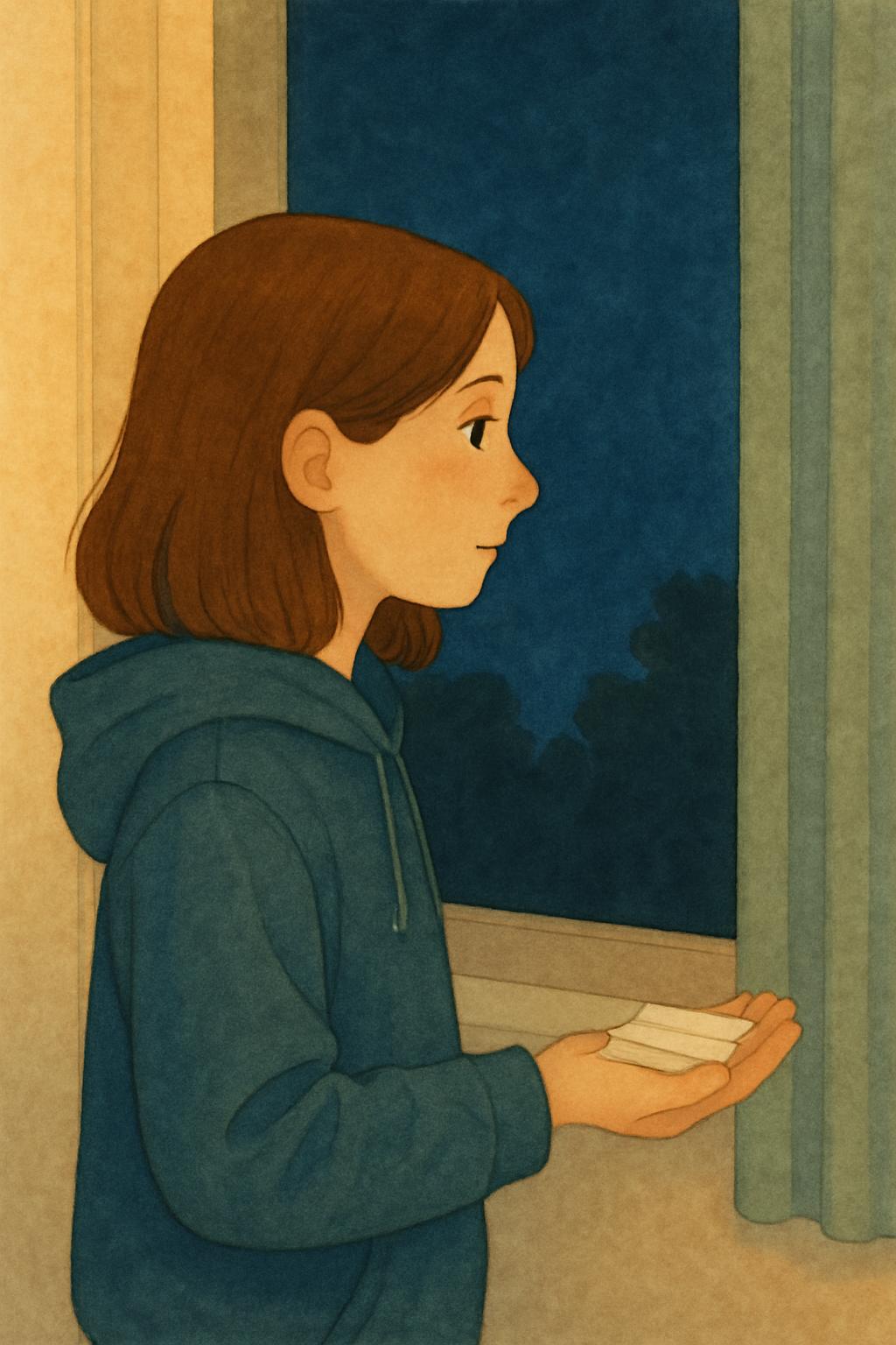 She stands at the night window holding the remaining paper slips loosely in one open palm, looking out