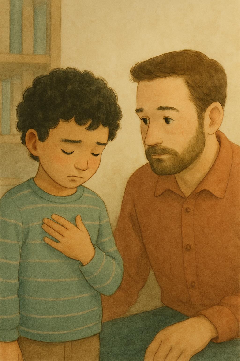 The boy presses HIS OWN flat hand on his own chest, noticing his heart racing, still tense, while his father crouches at his level watching