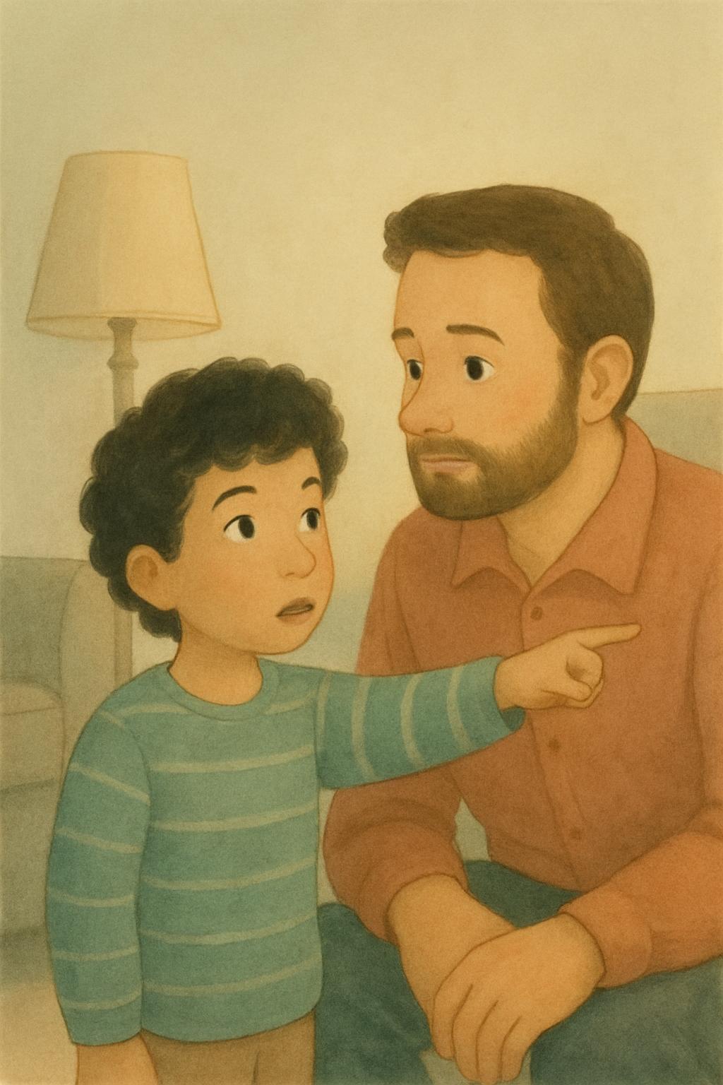 The boy points at an object across the room, naming what he can SEE, while his father crouches beside him following his hand