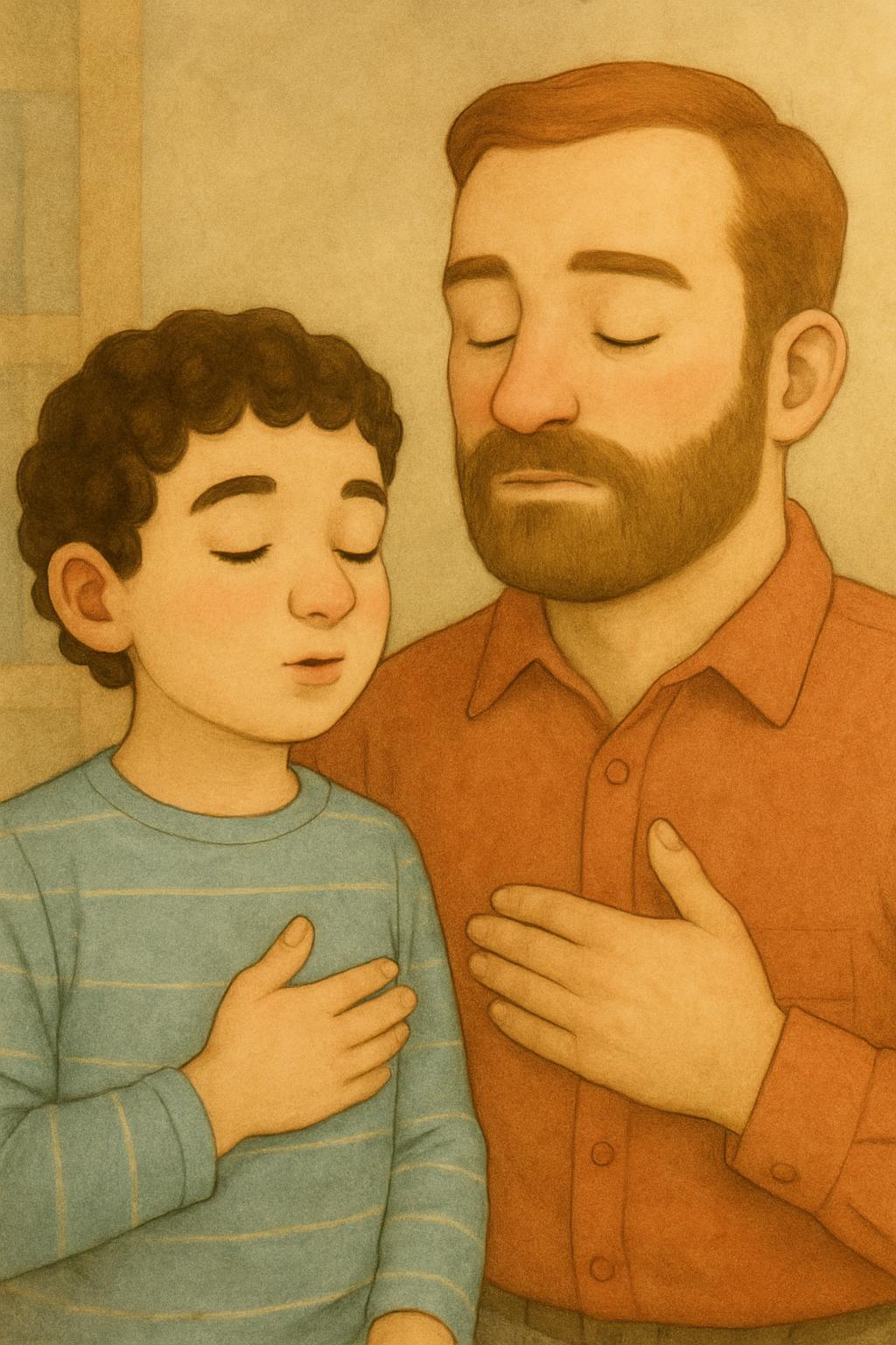 Father and son breathing IN together, each with his own hand on his own body, both sets of shoulders lifted and chests full