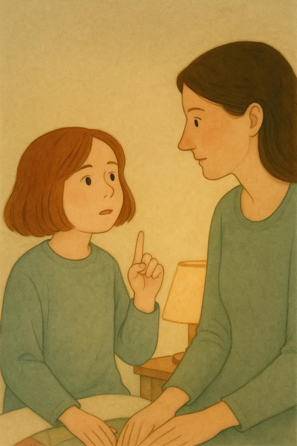 Her mother has asked what actually happened today; the girl looks up thinking with ONE finger raised, starting to count