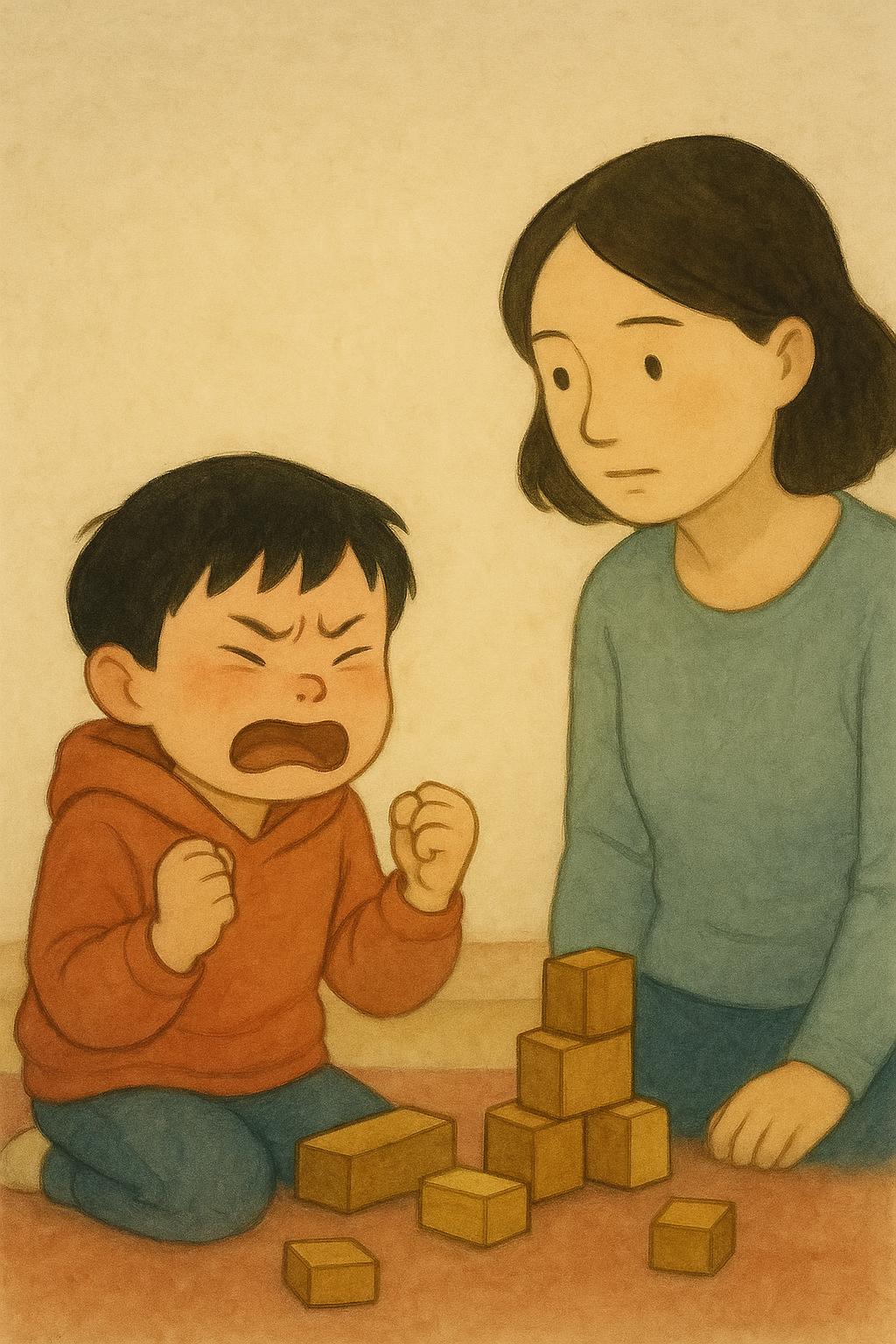 The boy mid-meltdown on the playroom rug beside a knocked-over tower of wooden blocks, face hot and crumpled, fists clenched; his mother a step away, not touching him