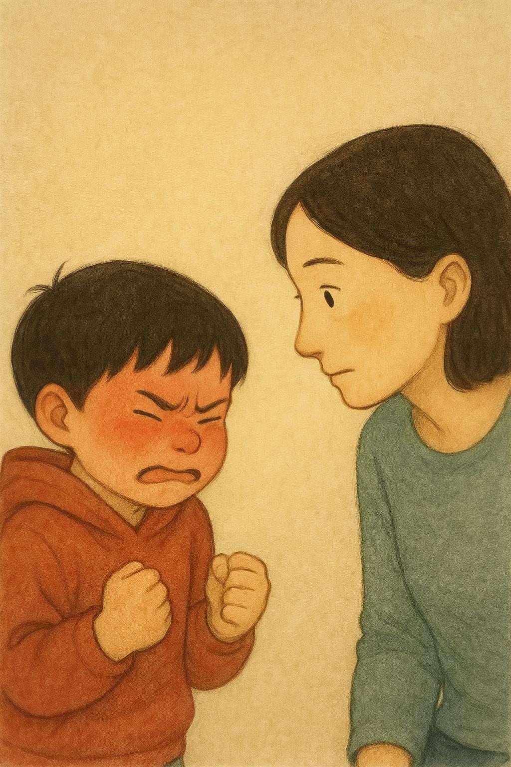 CLOSE on the boy: his fists are clenched tight and his face is hot and red, the warning sign showing in his body; his mother crouches at his level