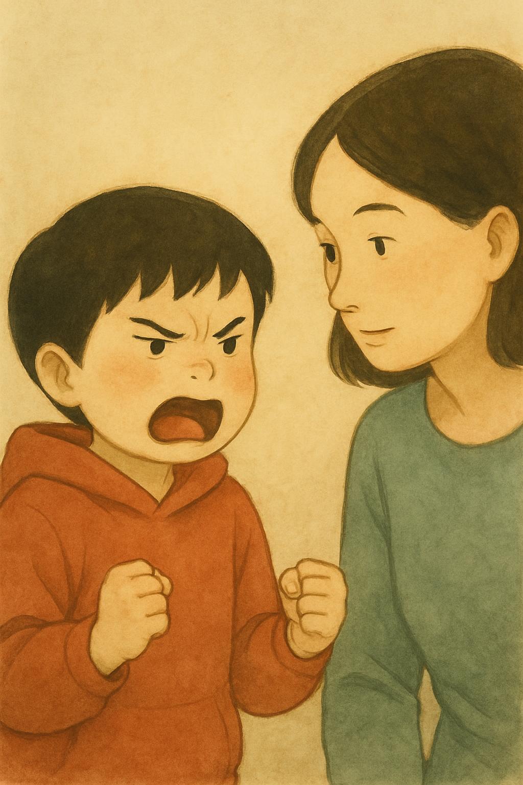 The boy says the feeling out loud, mouth open mid-word, still tense; his mother close and listening