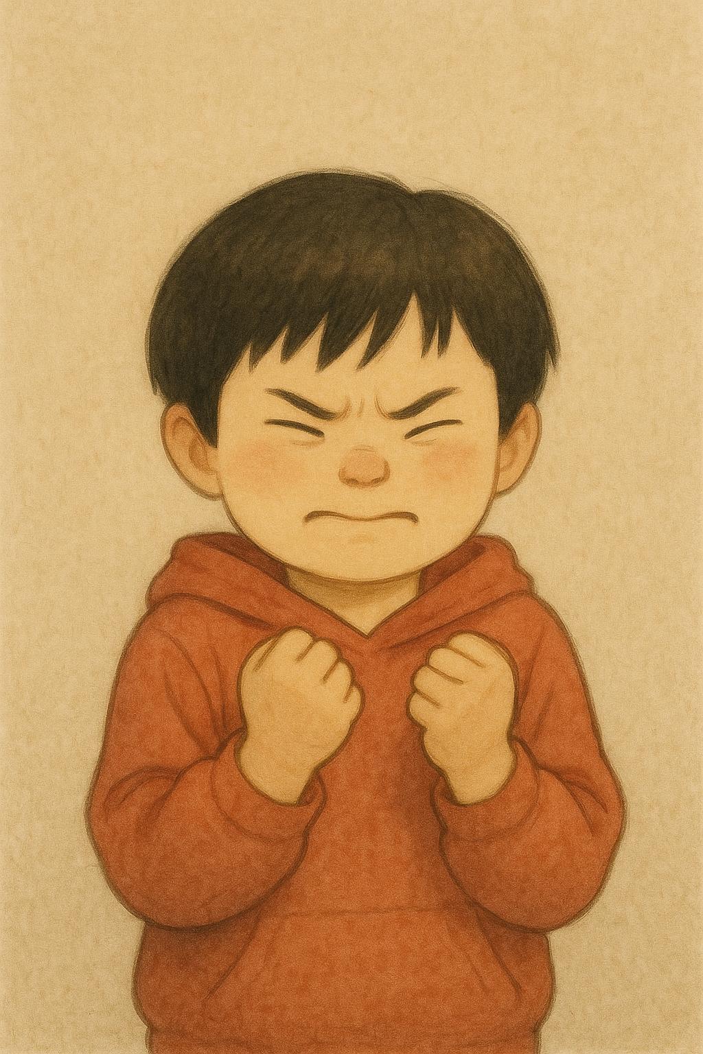 The boy squeezes both fists as tight as he can, arms stiff, doing the cool-down move himself