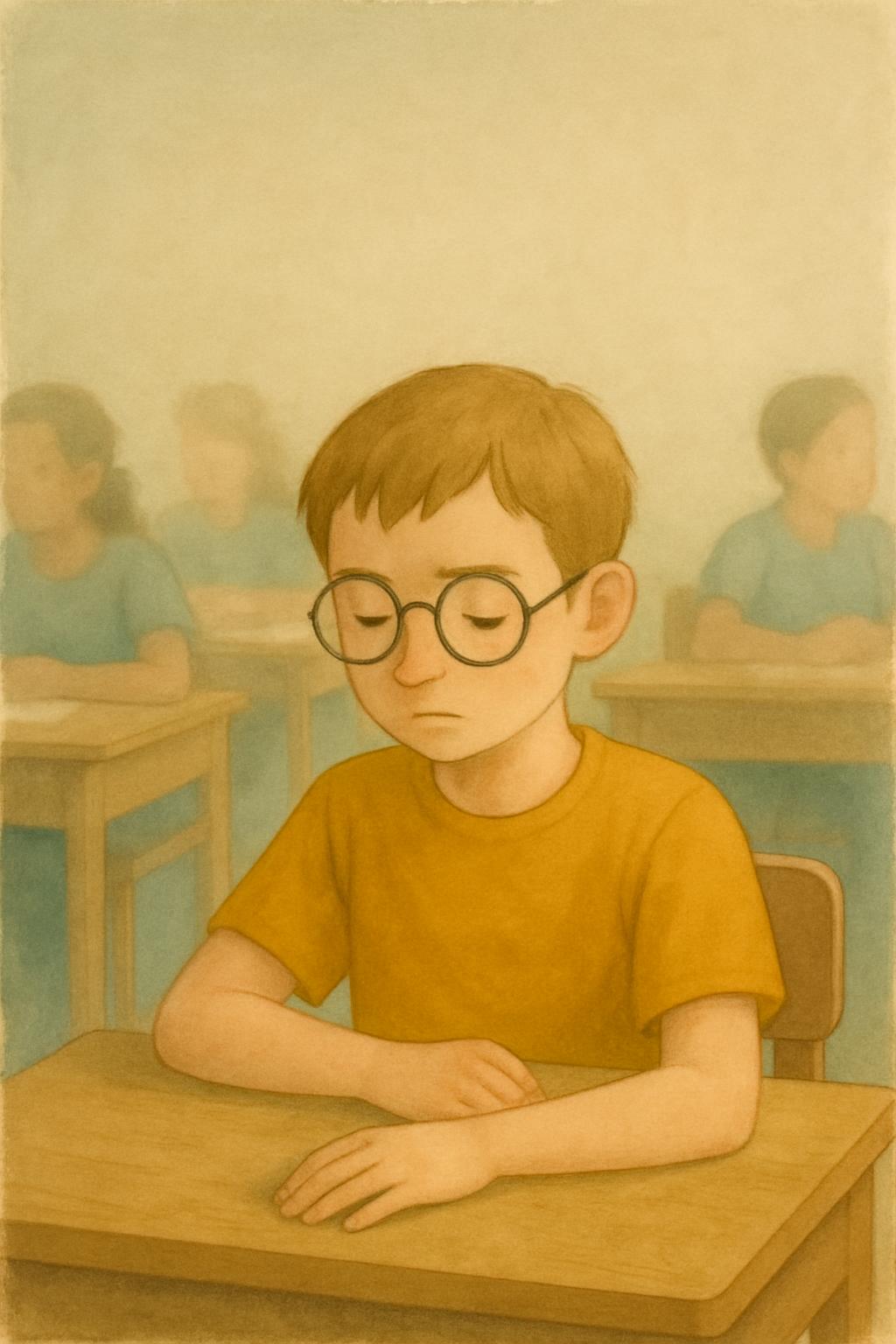 The boy has frozen at his classroom desk, hand down, eyes on the desk while the lesson goes on around him