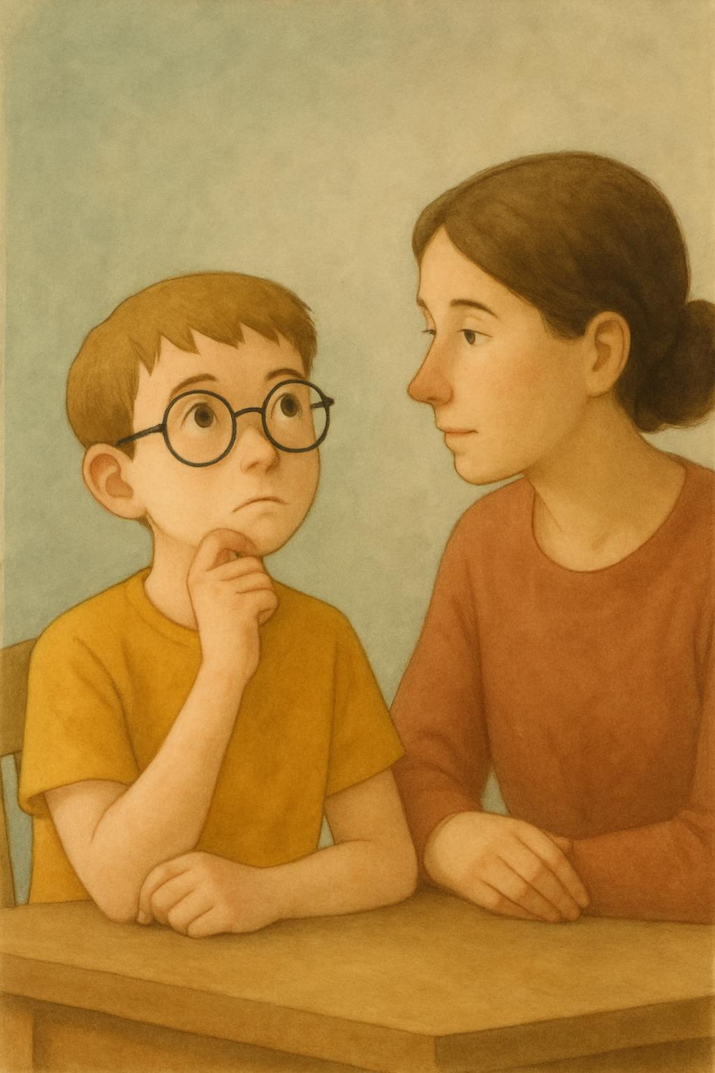 At the kitchen table the boy looks up thinking, weighing how likely the bad thing really is