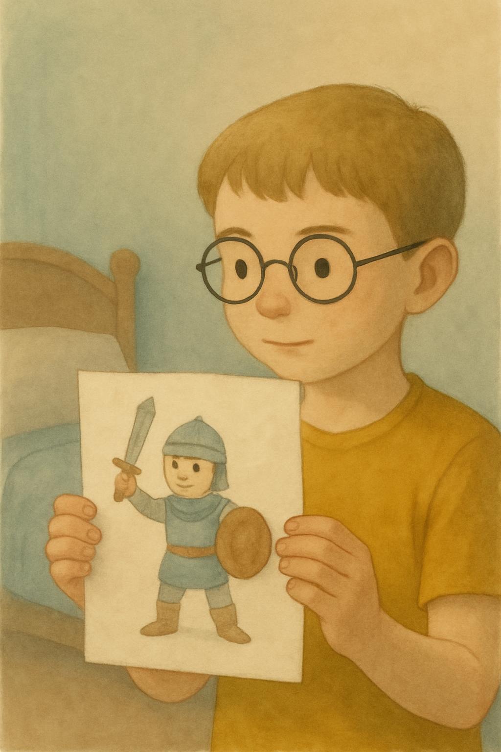 The boy holds up his own drawing of a brave character and looks at it, asking what it would say back