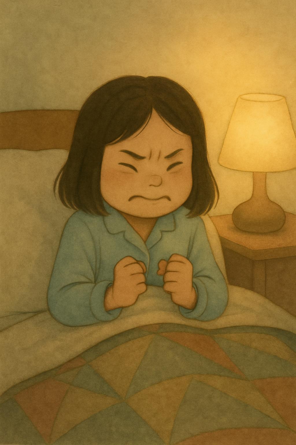 The child squeezing both fists tight with shoulders pulled up to the ears