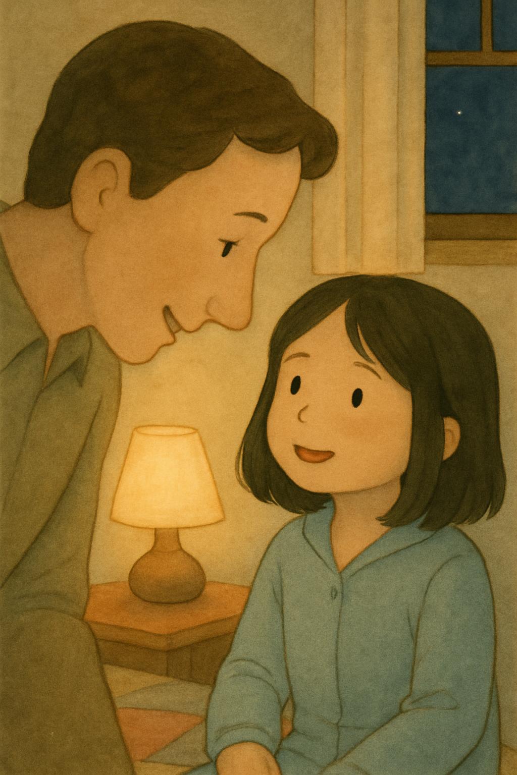 The child telling the parent one nice thing from the day, faint smile