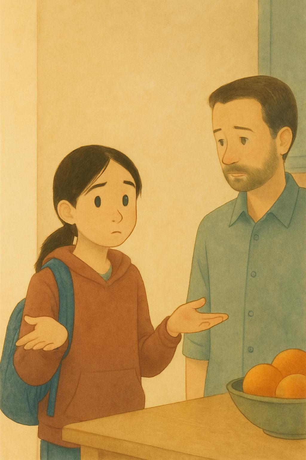 Tween shrugging kitchen doorway — Three gentle ways to help your child name big feelings