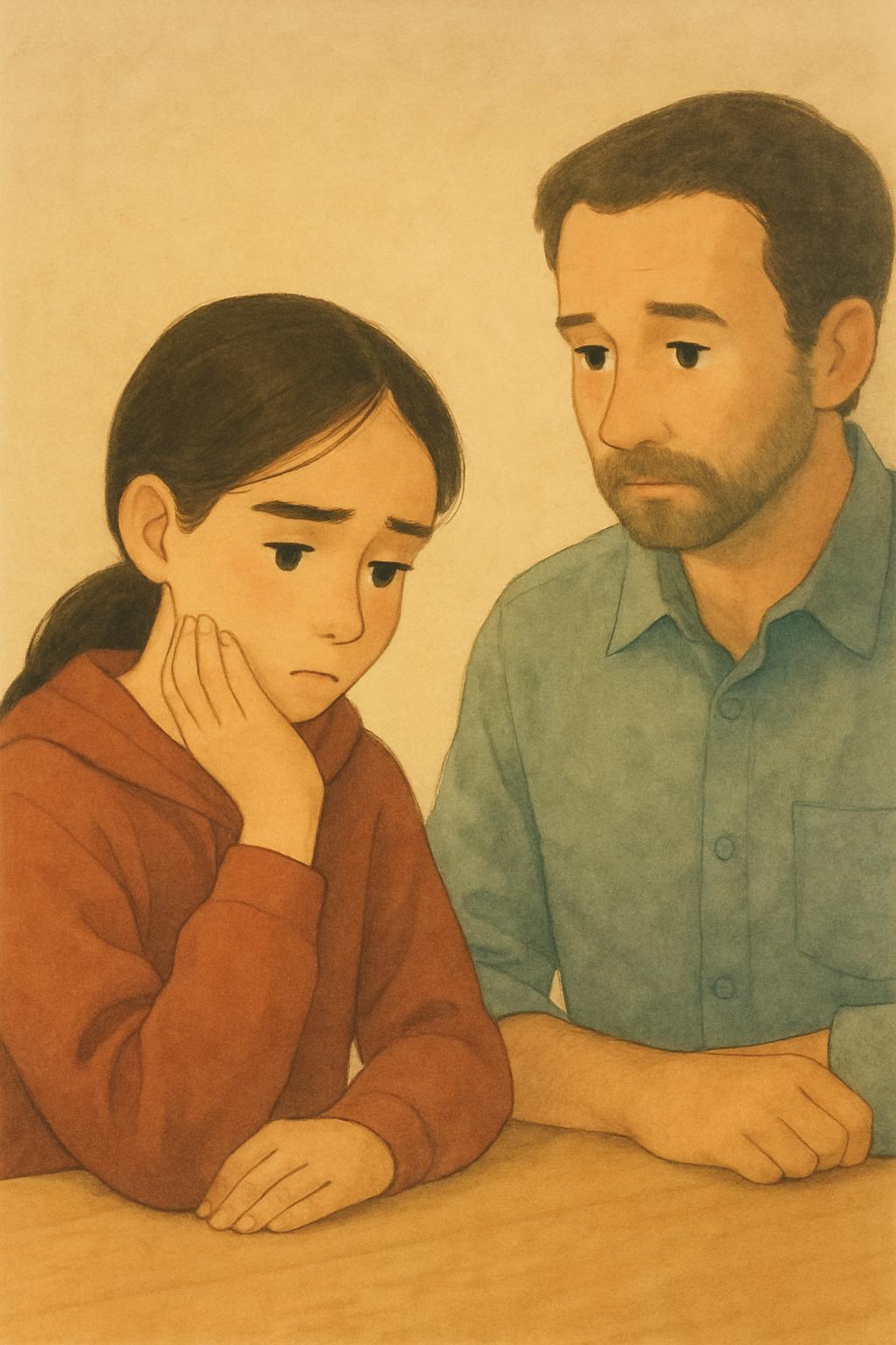The girl brings her own hand up to her own tight jaw, noticing where in her body the feeling sits; her father sits at the table with her