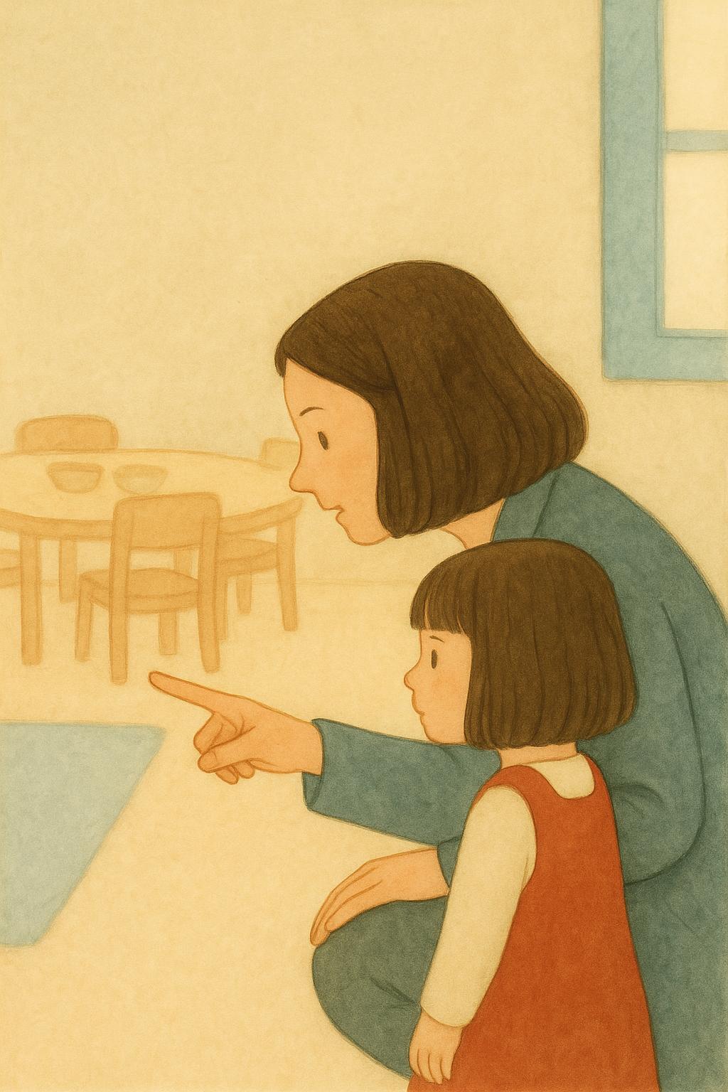 Crouched down to her level, her mother tells her exactly when she will be back, pointing to the snack table where it will happen