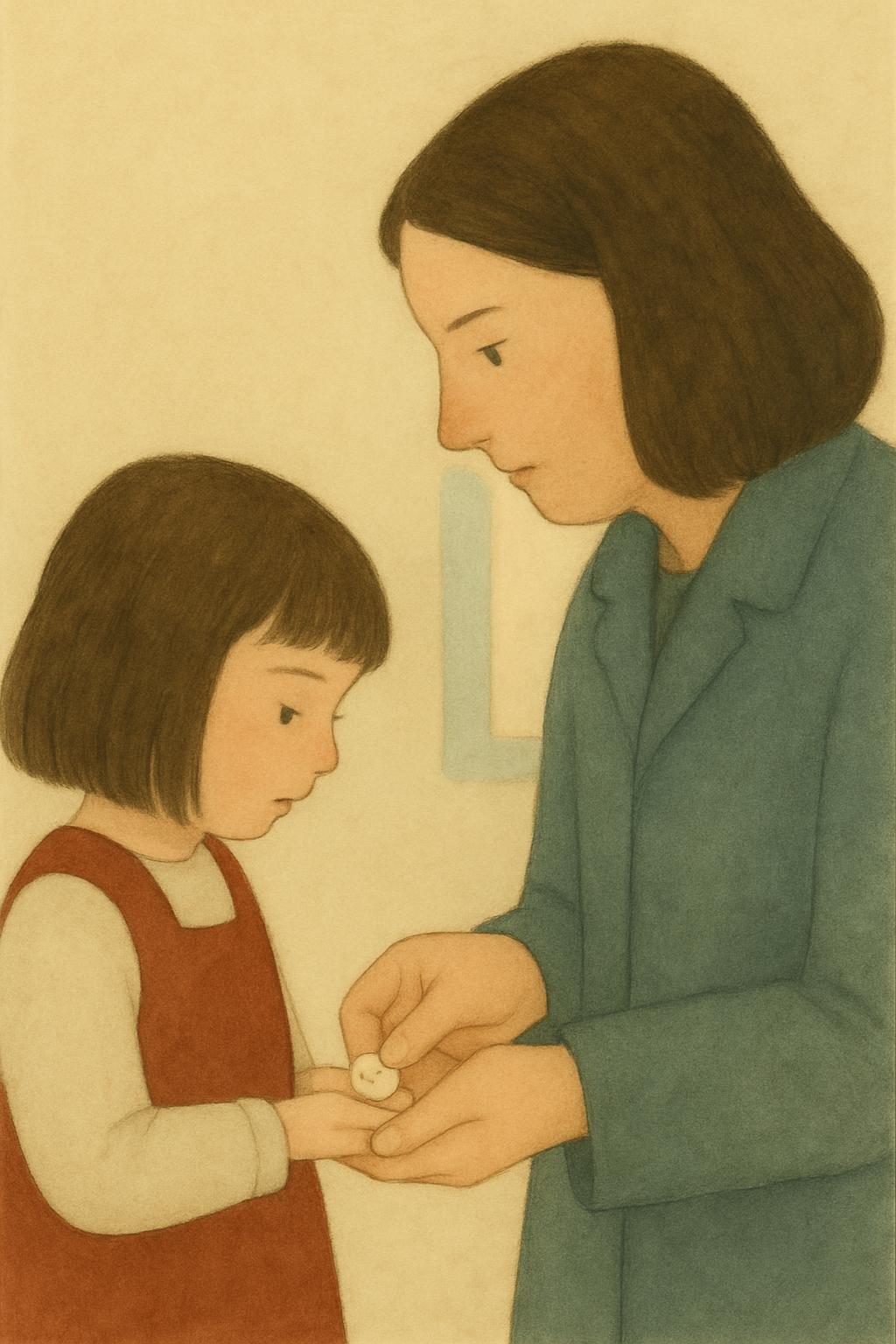 Her mother presses a small button from her own coat into the girl she can carry with her