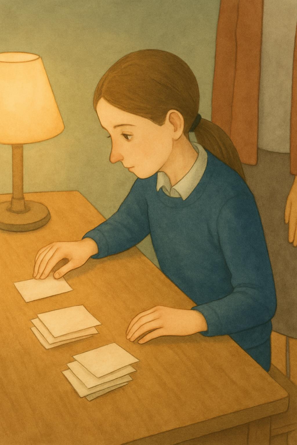 The girl sorts her worry notes into two piles on the desk, one she can do something about and one she cannot