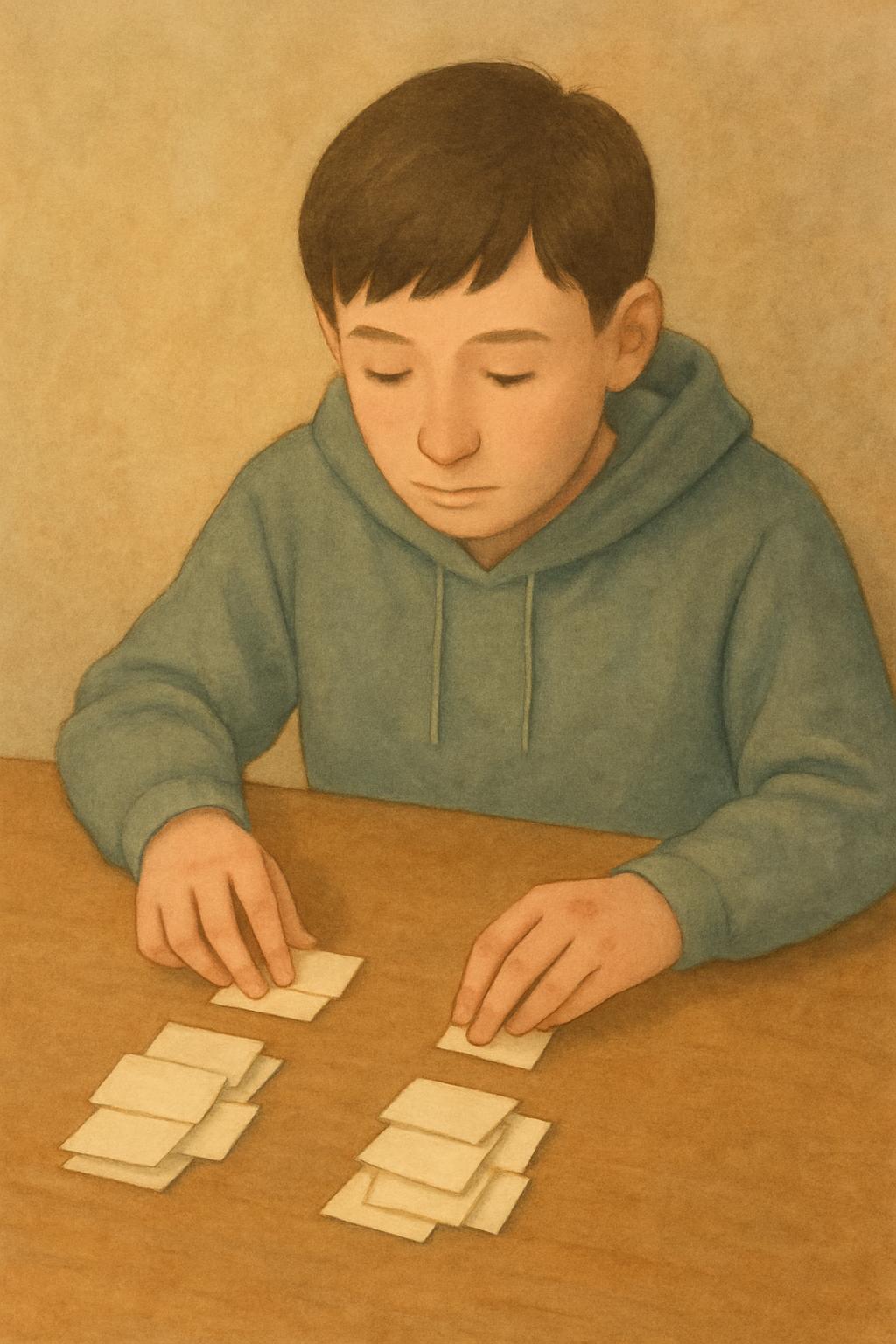 He sorts the worry notes into two piles on the table, one he can plan for and one he can only find out about