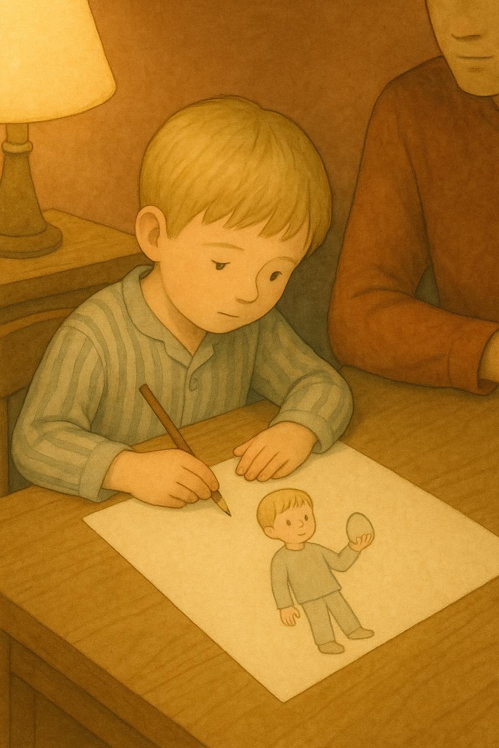 He starts a second drawing of the same dream, this time drawing himself holding something