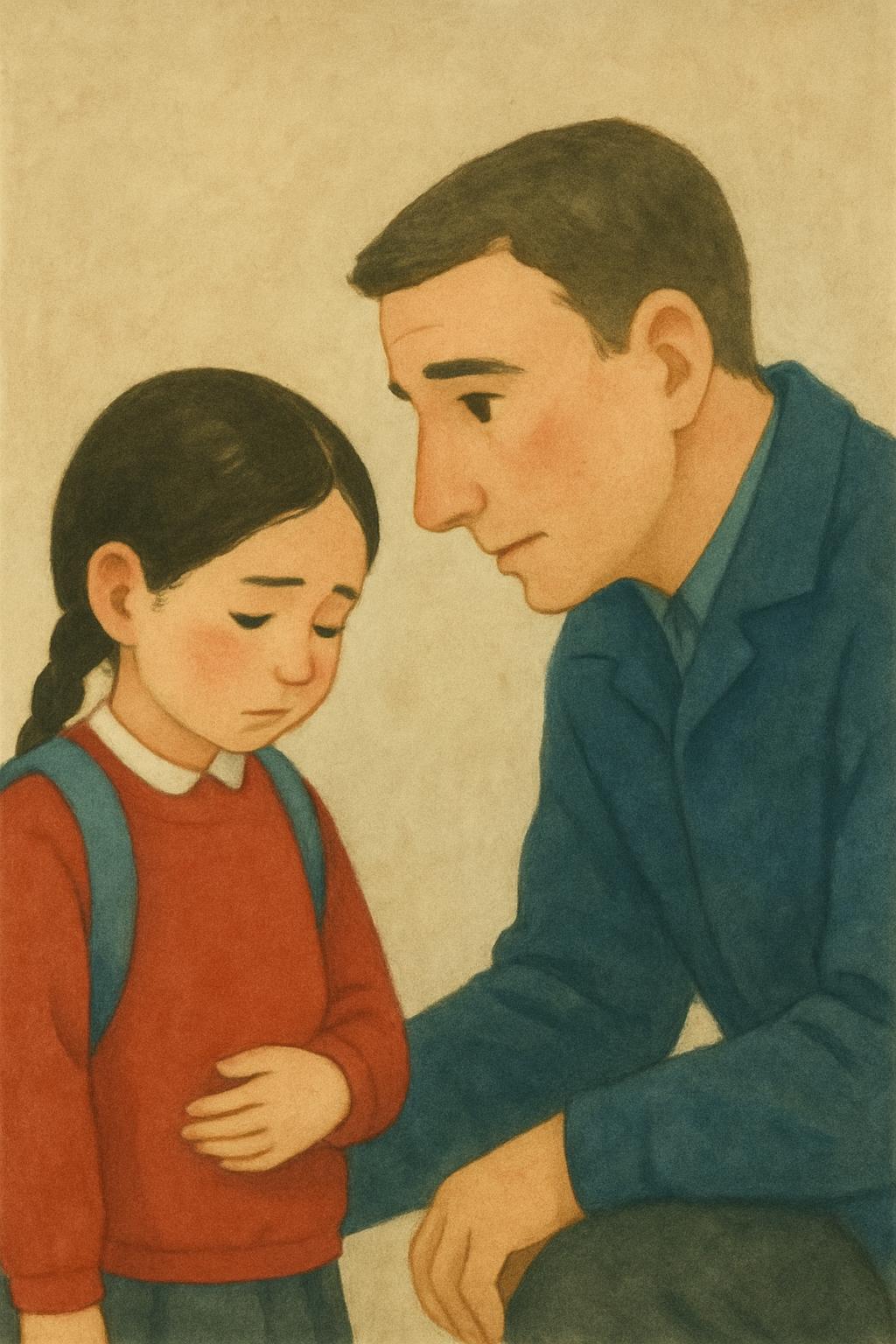 The father has crouched right down to her level and is asking her a gentle question, looking at her face; she stands with her backpack on, eyes down, one hand on her tummy