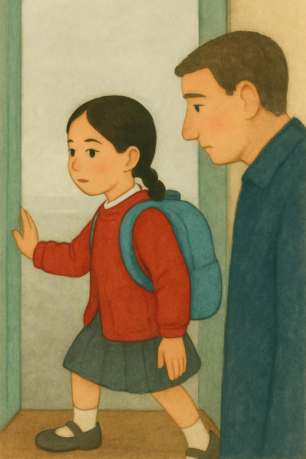 At the open front door the girl takes the FIRST small step: one foot forward on the threshold, hand on the door frame, looking out; her father just behind her shoulder