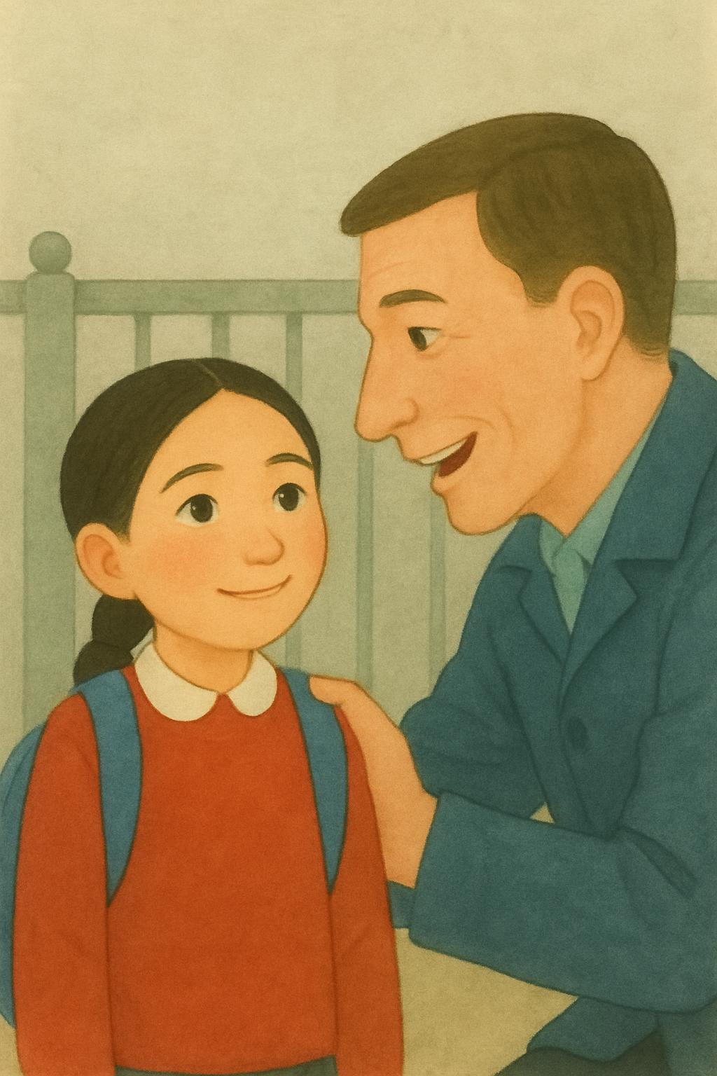 At the school gate the father, crouched to her level, is telling her out loud how brave she was; his hand rests plainly on the NEAR shoulder closest to him, not across her front; she smiles shyly