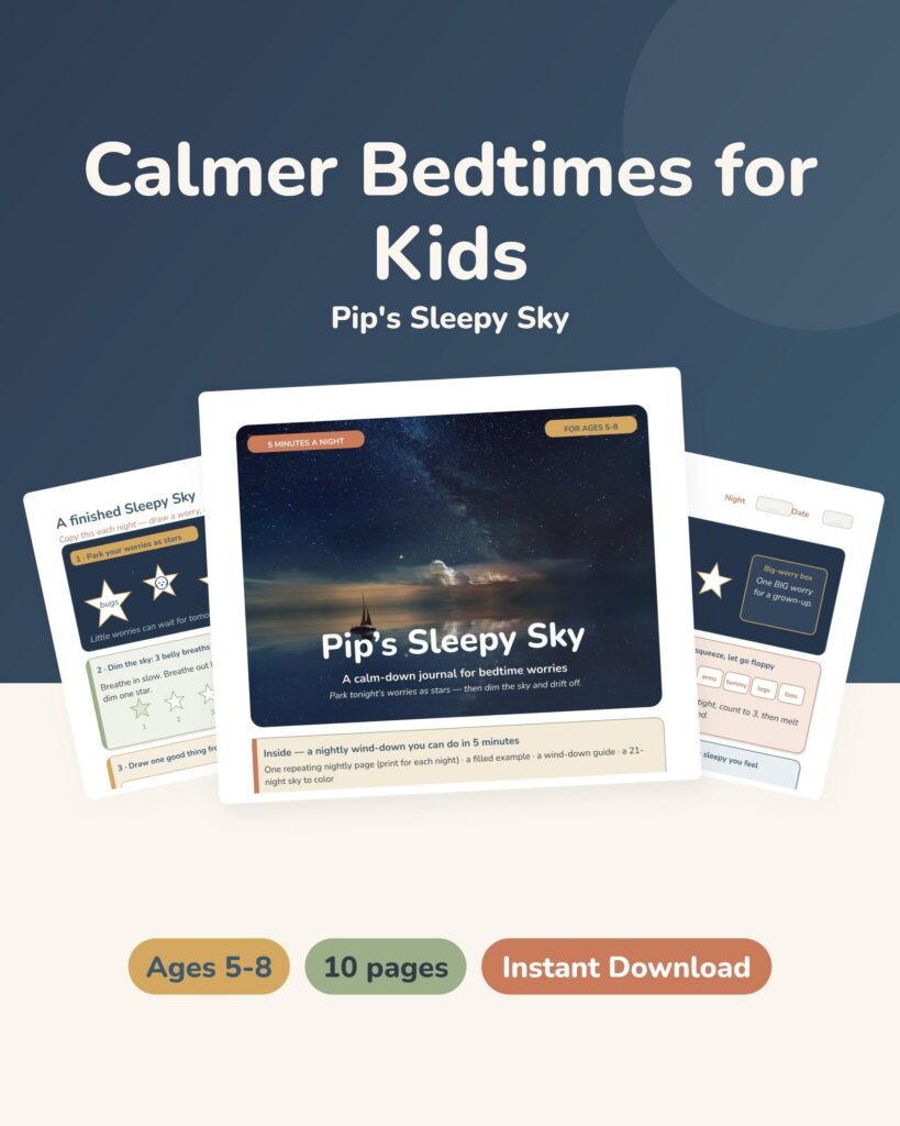 Bedtime Worry Journal for Kids 5-8, Sleepy Sky CBT Calm-Down Printable, Wind-Down Routine