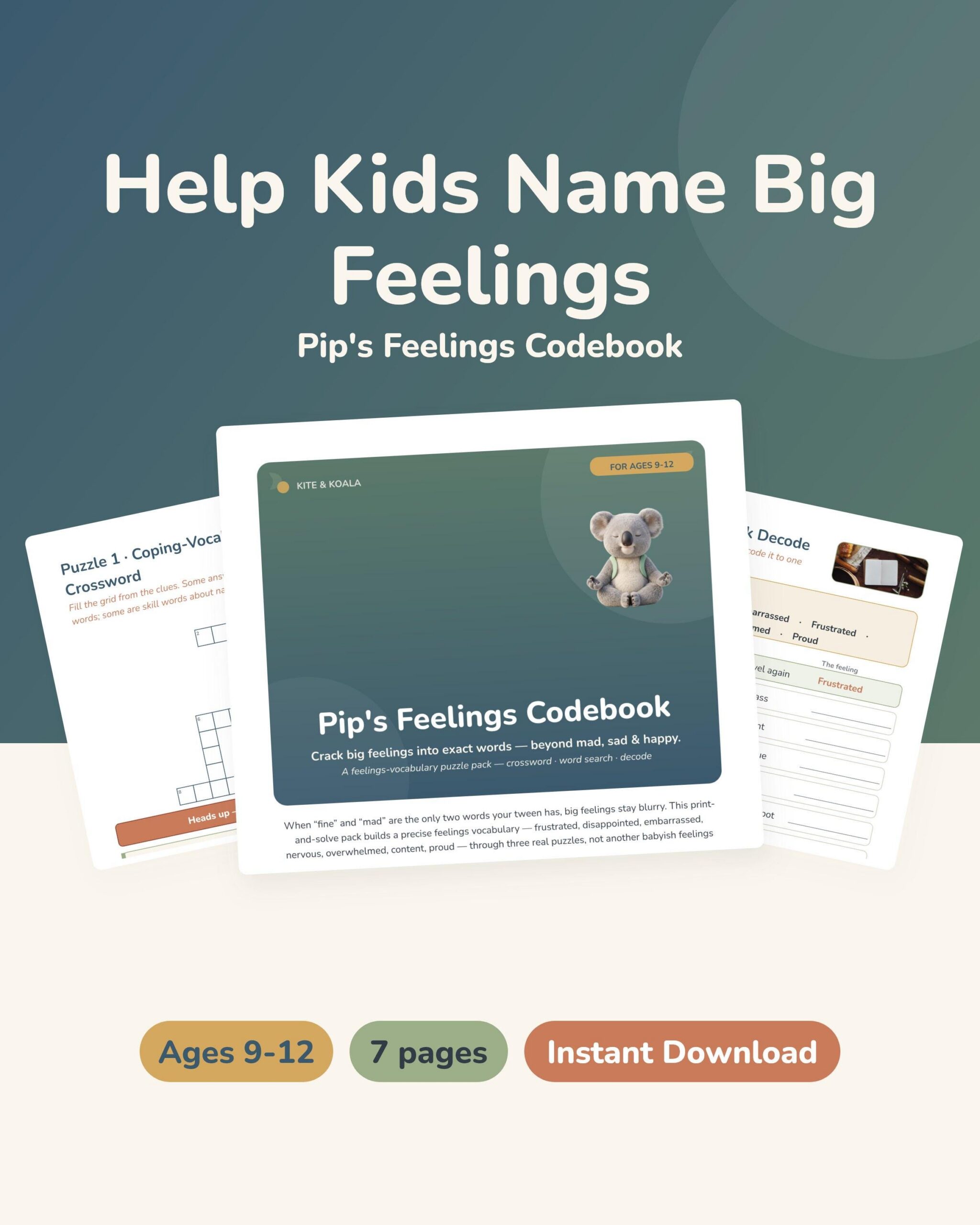 Feelings Codebook Puzzle Pack for Tweens 9-12, Emotion Vocabulary CBT Printable, Crossword & Word Search