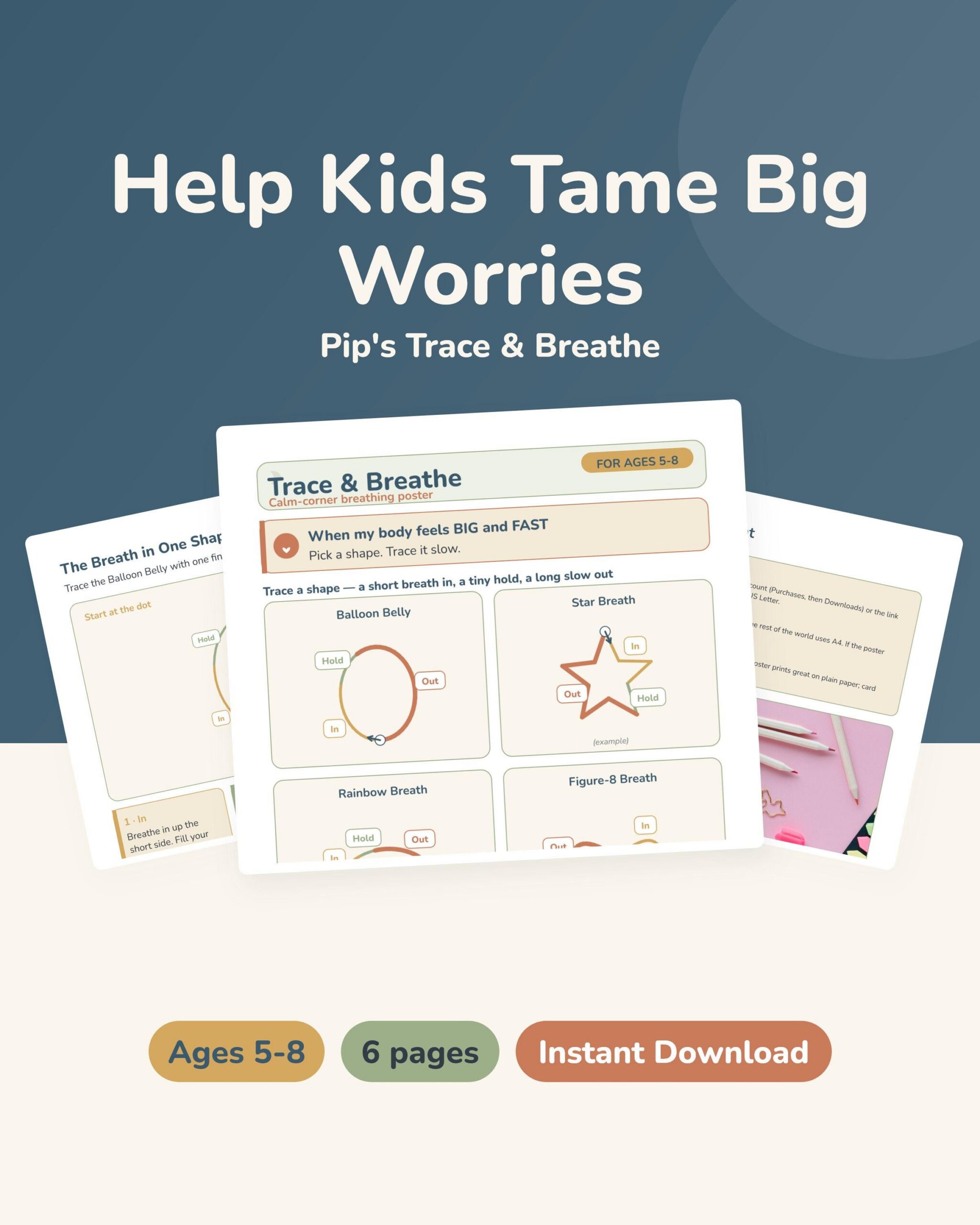 Breathing Poster for Kids Printable | Trace & Breathe Calm Down Corner Ages 5-8 | PhD Made