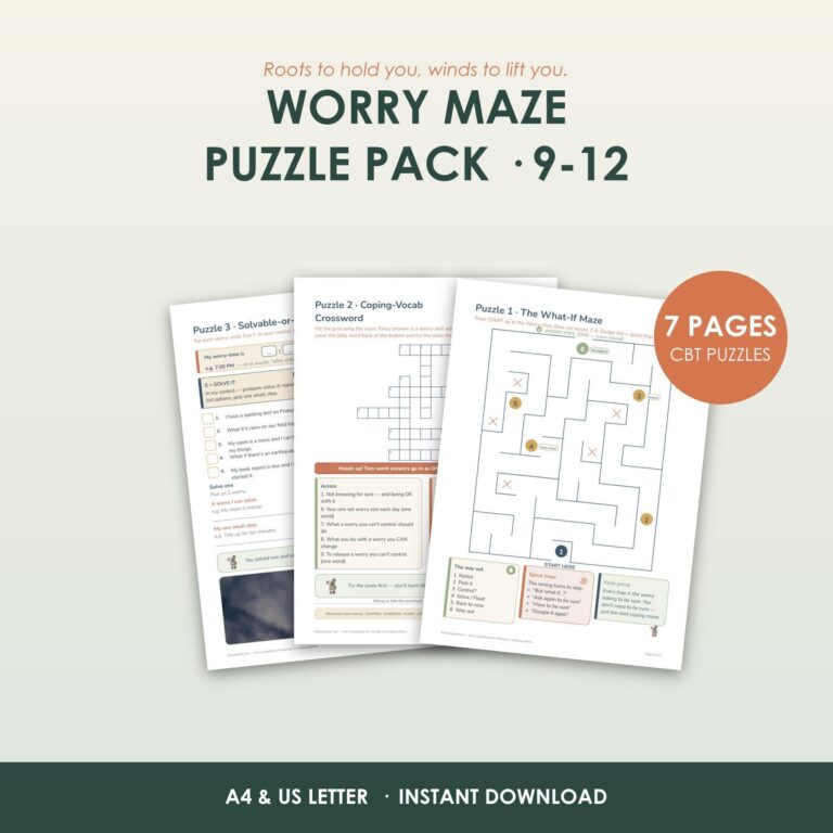 Worry Maze Puzzle Pack for Tweens 9-12, What-If Spiral CBT Printable, Anxiety Coping Skills