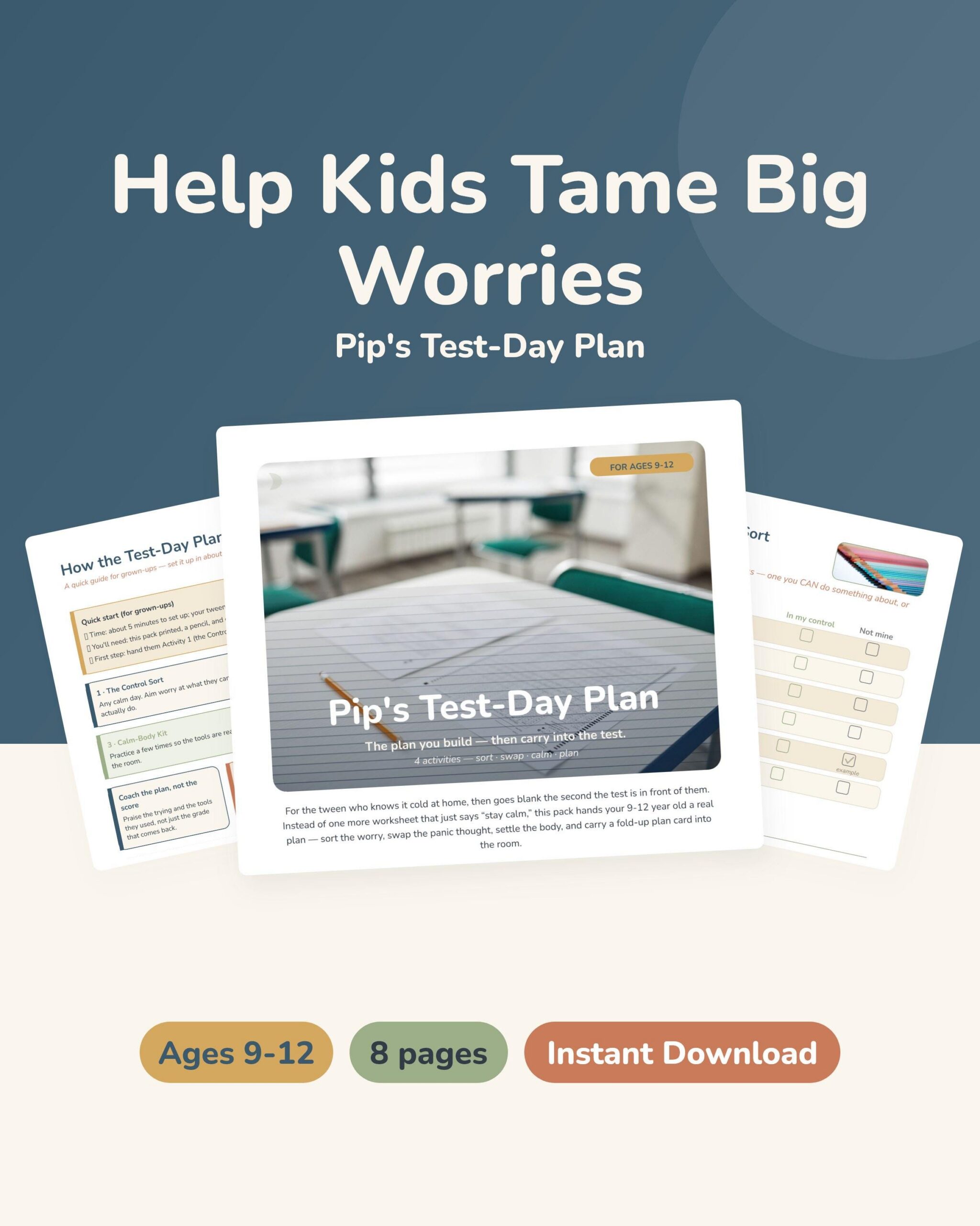 Test Anxiety Printable for Tweens 9-12 | CBT Exam Stress Calm Test-Day Plan | PhD Made