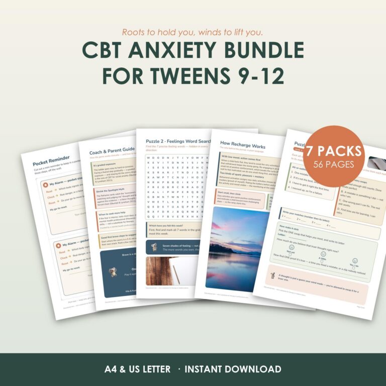 CBT Anxiety Bundle for Tweens 9-12, 7 Printable Packs, 56 Pages, Instant Download