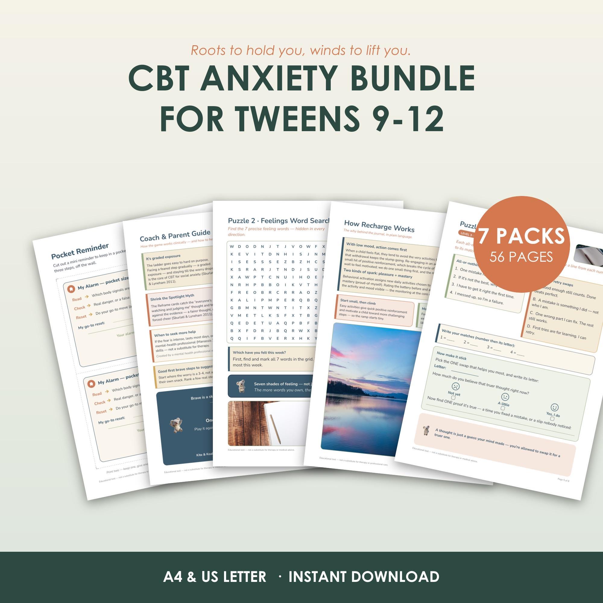 CBT Anxiety Bundle for Tweens 9-12, 7 Printable Packs, 56 Pages, Instant Download