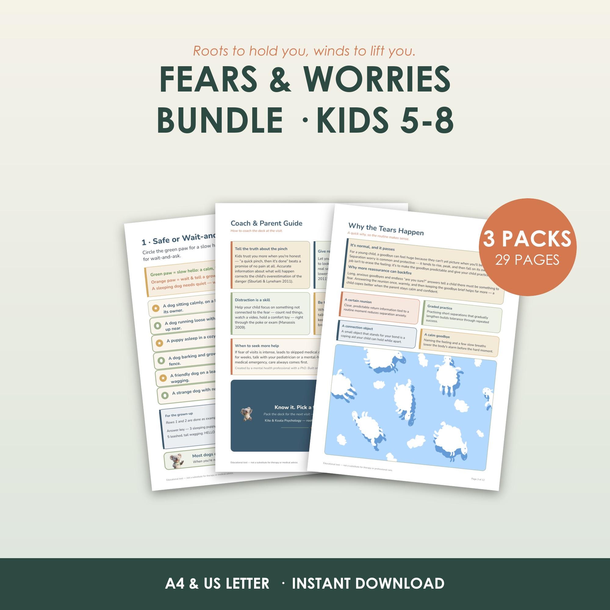 Fears and Worries Bundle Kids 5-8, 3 CBT Printable Packs, 29 Pages