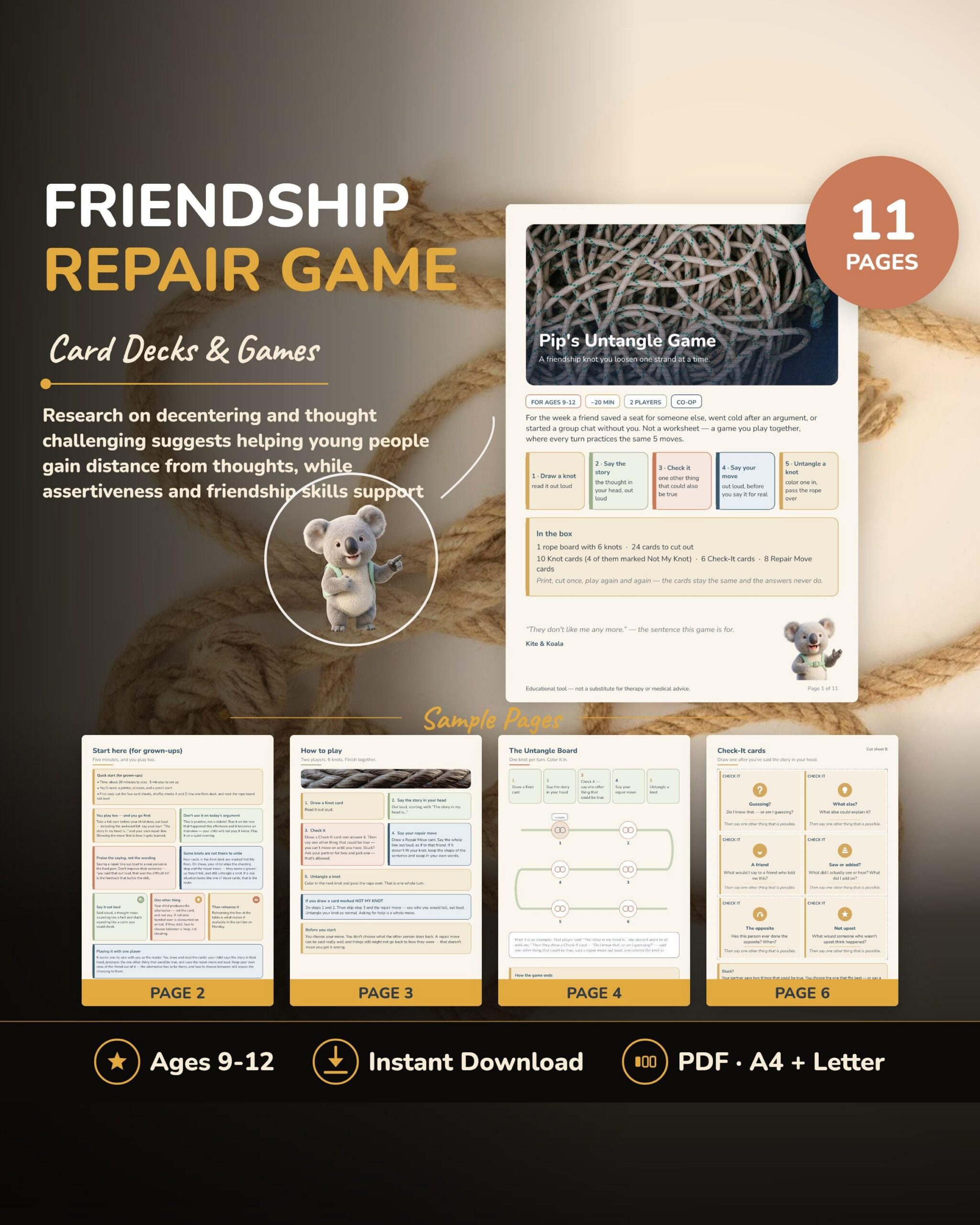 Friendship Repair Game for Tweens 9-12 Printable | CBT Cards for Feeling Left Out PDF